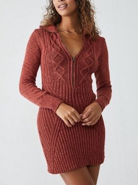 Free People Mont Blanc Ribbed Cable-Knit Zip Sweater Dress - Rust size XS